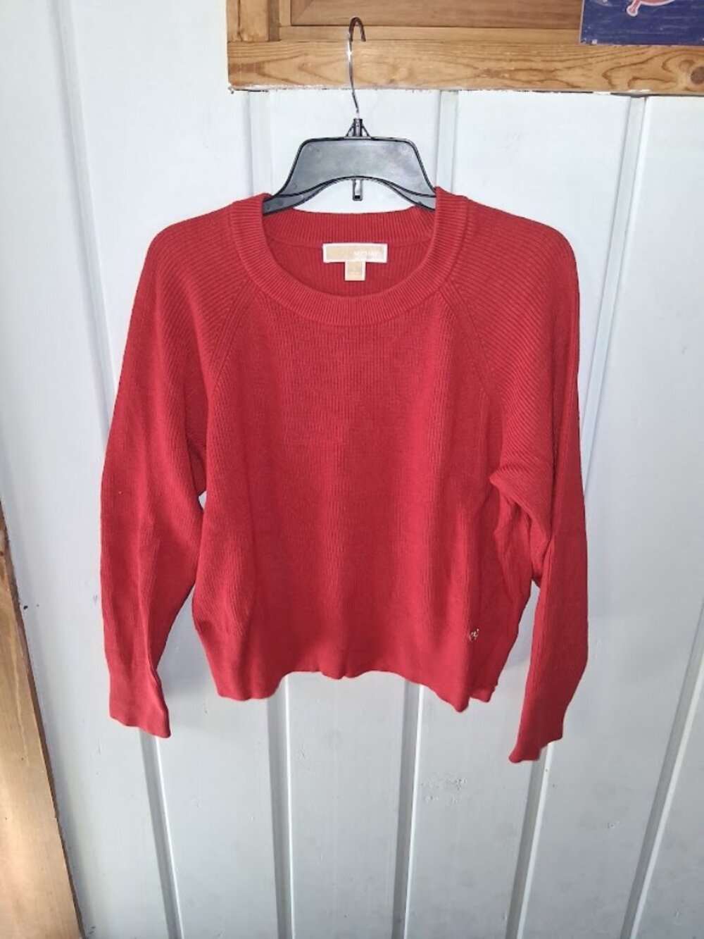 Michael Kors Red Cotton Rib Knit Crew Neck Sweater Sz L